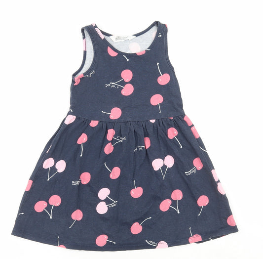 H&M Girls Blue Spotted Cotton Skater Dress Size 3-4 Years Round Neck