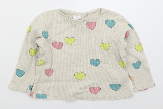 Zara Girls Beige Crew Neck Cotton Pullover Jumper Size 2-3 Years Pullover - Hearts