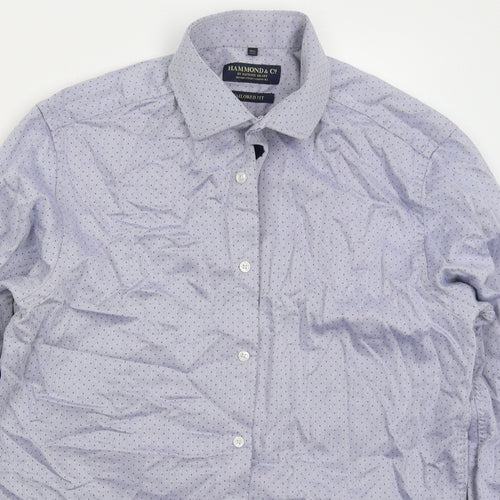 Hammond & Co Mens Blue Herringbone Cotton Dress Shirt Size 16.5 Collared Button