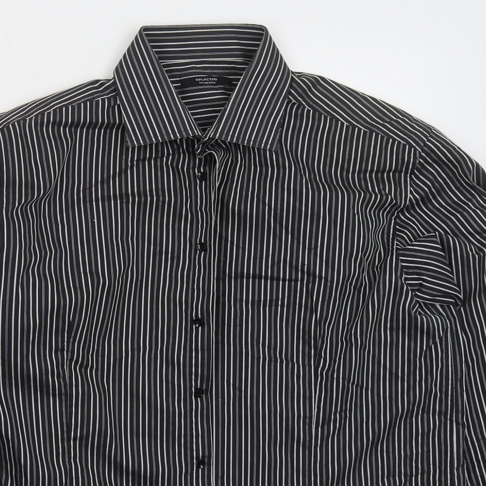 Selected Mens Black Striped Polyester Dress Shirt Size XL Collared Button