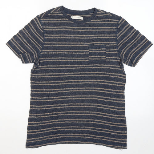 Celio Womens Blue Striped Cotton Basic T-Shirt Size S Round Neck