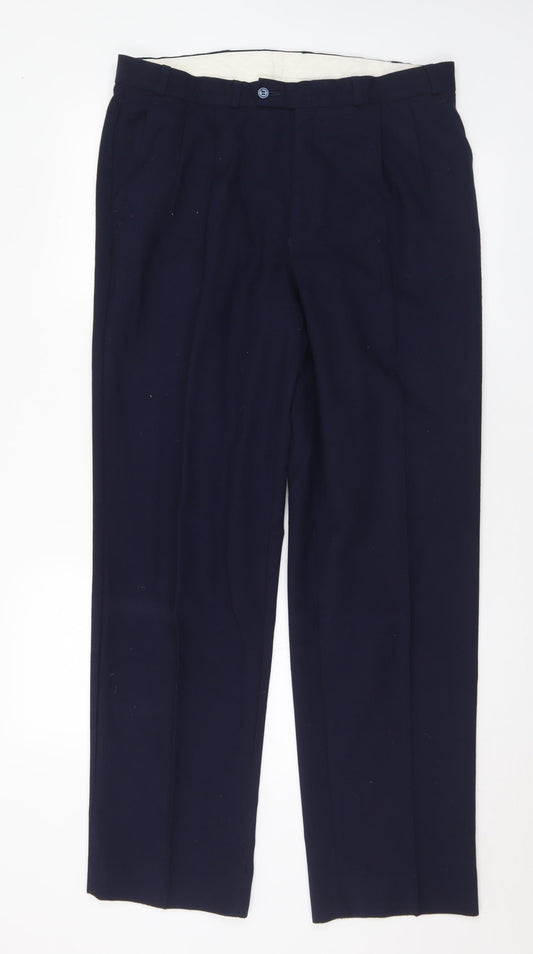 Classic Mens Blue Polyester Trousers Size 36 in L31 in Regular Button