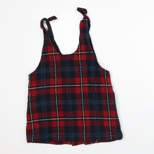NEXT Girls Red Plaid Cotton Pinafore/Dungaree Dress Size 8 Years Round Neck - Tartan