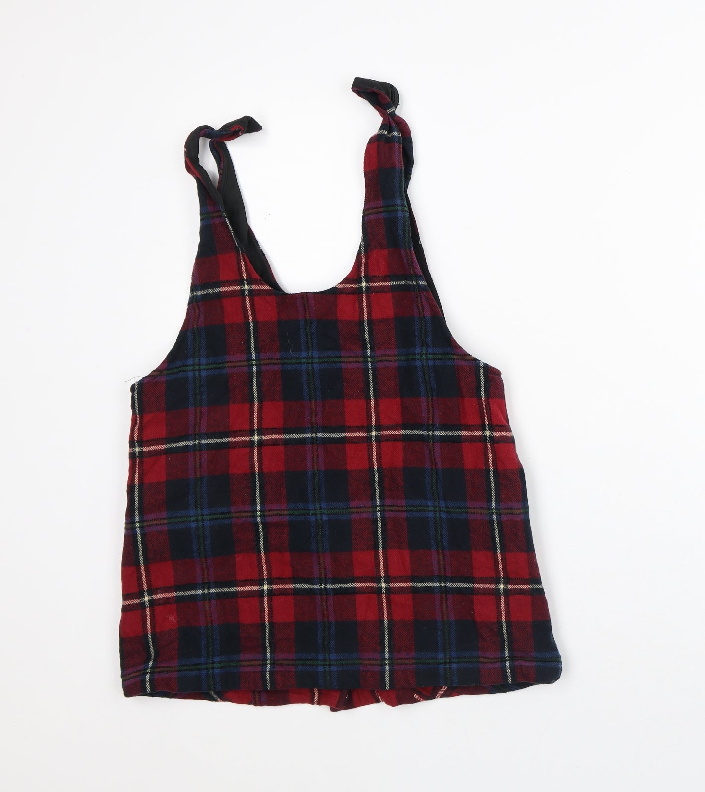 NEXT Girls Red Plaid Cotton Pinafore/Dungaree Dress Size 8 Years Round Neck - Tartan