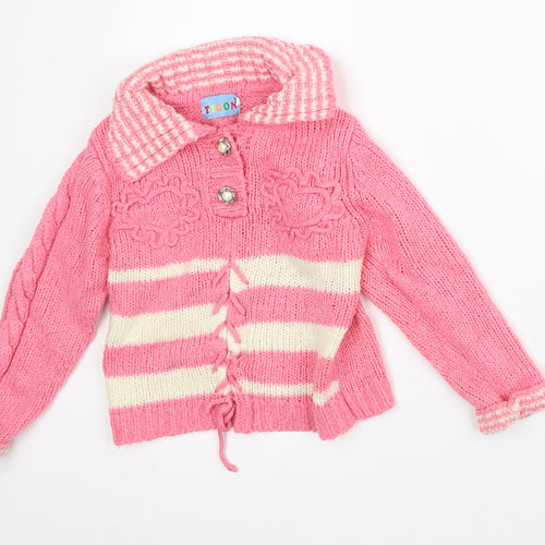 Tigon Girls Pink Collared Striped Cotton Cardigan Jumper Size 10 Years