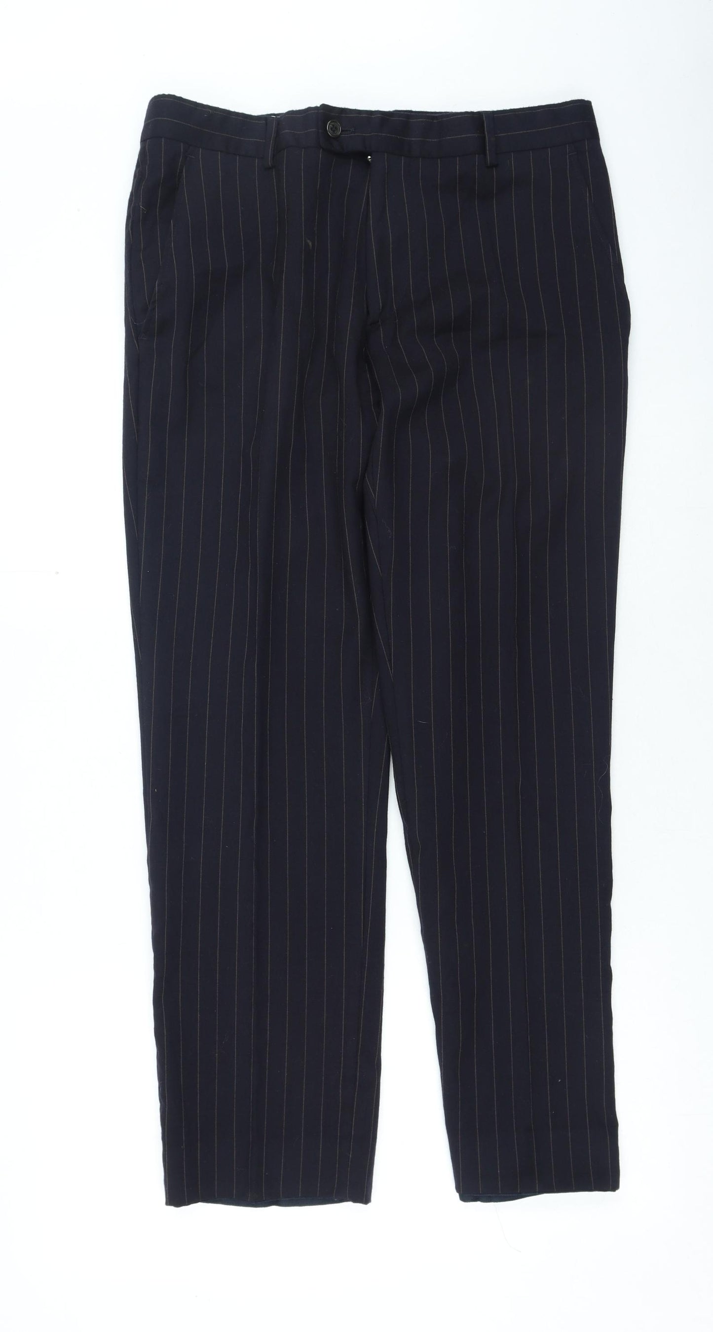 Preworn Mens Blue Striped Polyester Trousers Size 34 in L28 in Regular