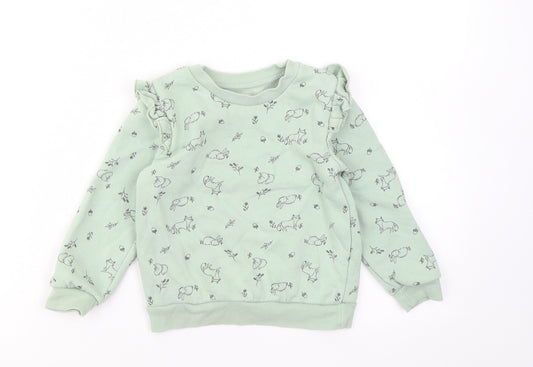 Primark Girls Green Geometric Cotton Pullover Sweatshirt Size 2-3 Years - Rabbit Fox