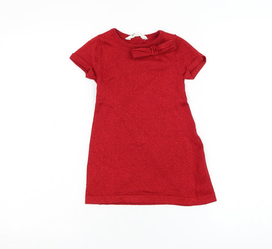 H&M Girls Red Cotton Jumper Dress Size 3-4 Years Round Neck Pullover