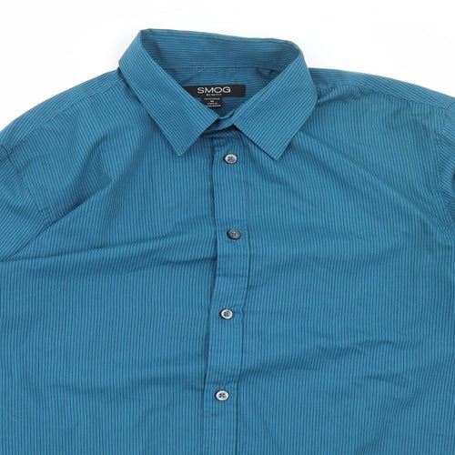 Smog Mens Blue Polyester Dress Shirt Size M Collared