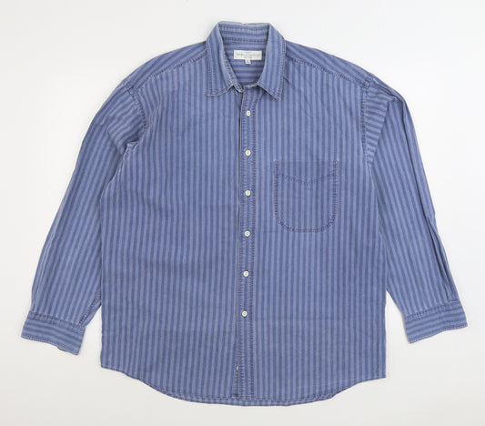 Marks and Spencer Mens Blue Striped Cotton Button-Up Size L Collared Button