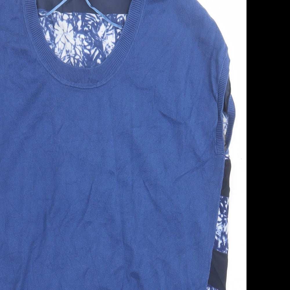 Miss Captain Womens Blue Geometric Cotton Basic T-Shirt Size 10 Crew Neck