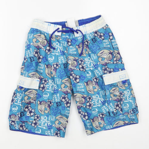No Fear Boys Blue Geometric Polyester Bermuda Shorts Size 7-8 Years Regular Drawstring - Shark Print