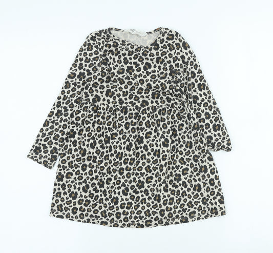 H&M Girls Beige Animal Print 100% Cotton Skater Dress Size 3-4 Years Scoop Neck