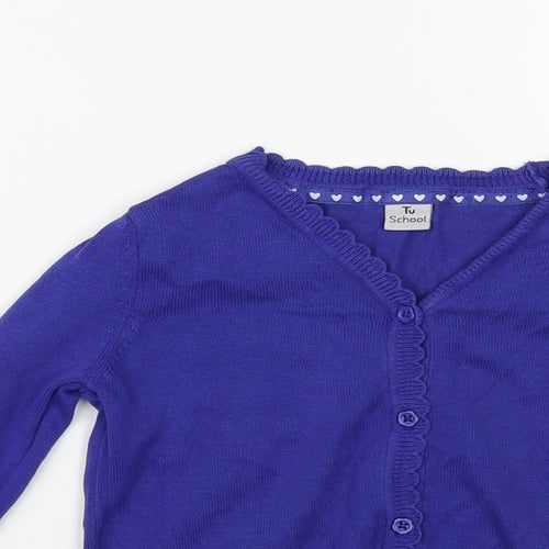 TU Girls Blue V-Neck Cotton Cardigan Jumper Size 4 Years Button - Schoolwear