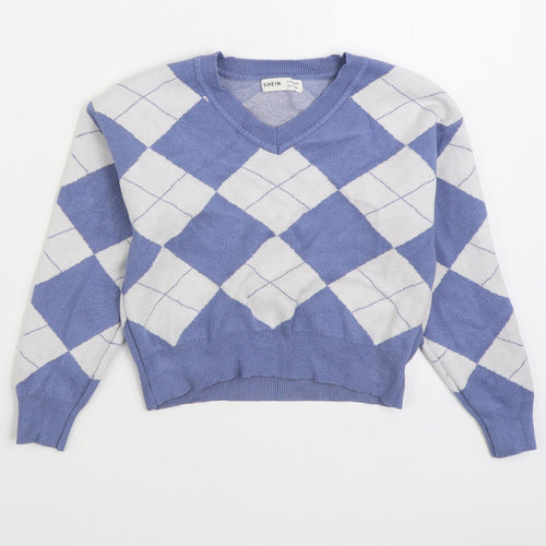 SheIn Girls Blue V-Neck Argyle/Diamond Polyester Pullover Jumper Size 8 Years Pullover
