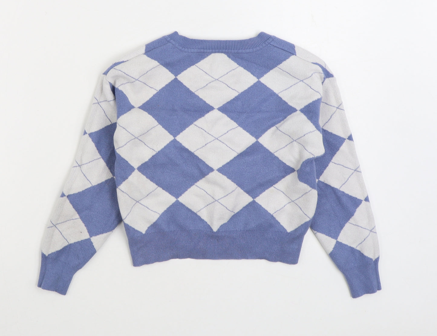 SheIn Girls Blue V-Neck Argyle/Diamond Polyester Pullover Jumper Size 8 Years Pullover