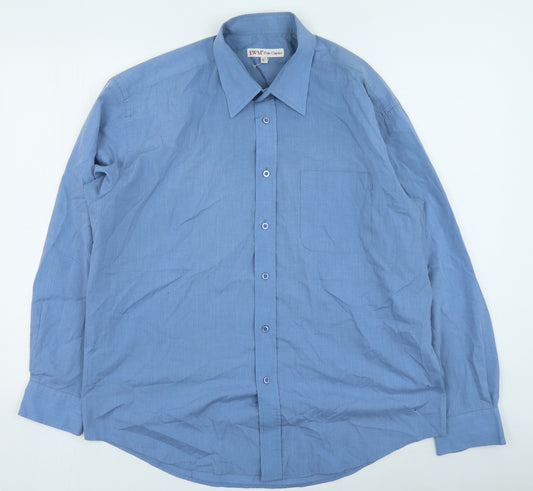 EWM Mens Blue Polyester Button-Up Size 16 Collared Button