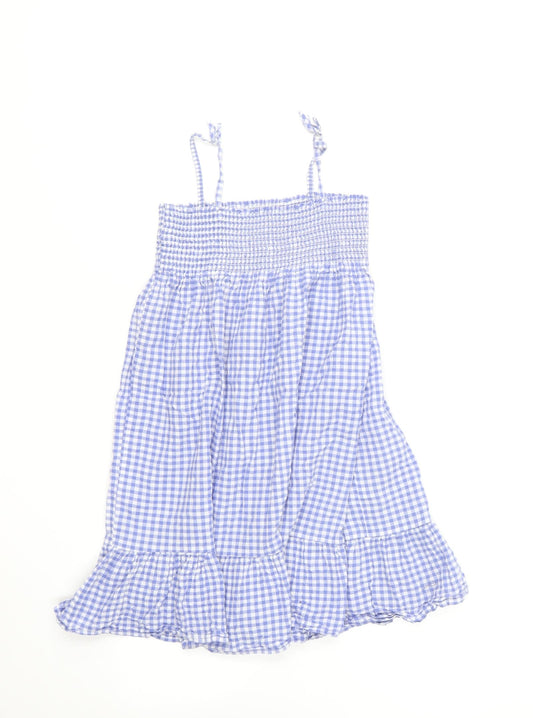 H&M Girls Blue Gingham Cotton Skater Dress Size 7 Years Square Neck