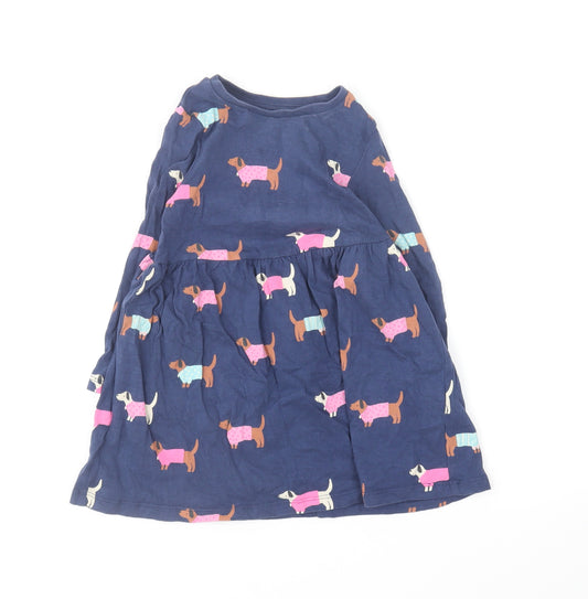 Marks and Spencer Girls Blue Geometric Cotton Skater Dress Size 2-3 Years Round Neck Pullover - Dogs