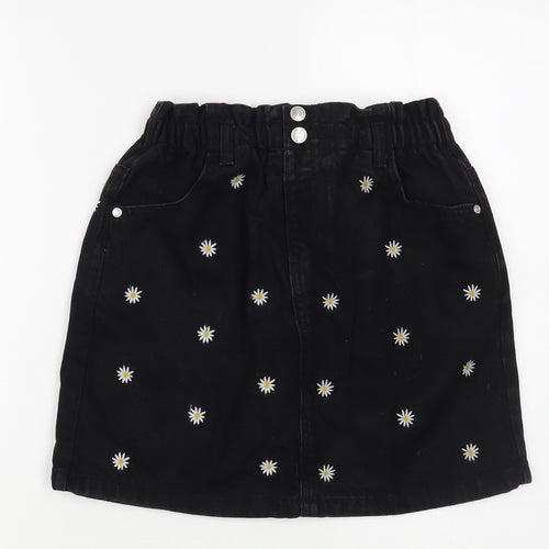 F&F Girls Black Floral Cotton Mini Skirt Size 11-12 Years Regular Button - Daisy