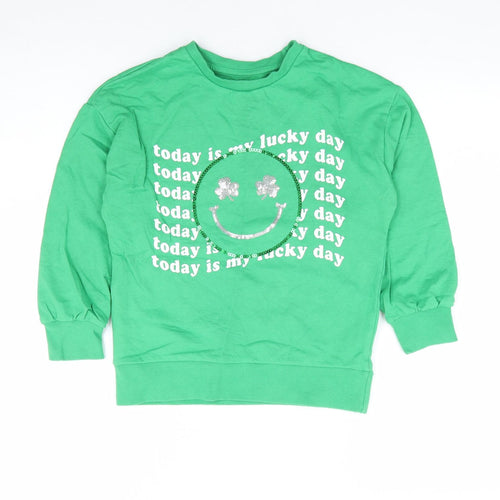 Dunnes Girls Green 100% Cotton Pullover Sweatshirt Size 8-9 Years Pullover - Lucky Day