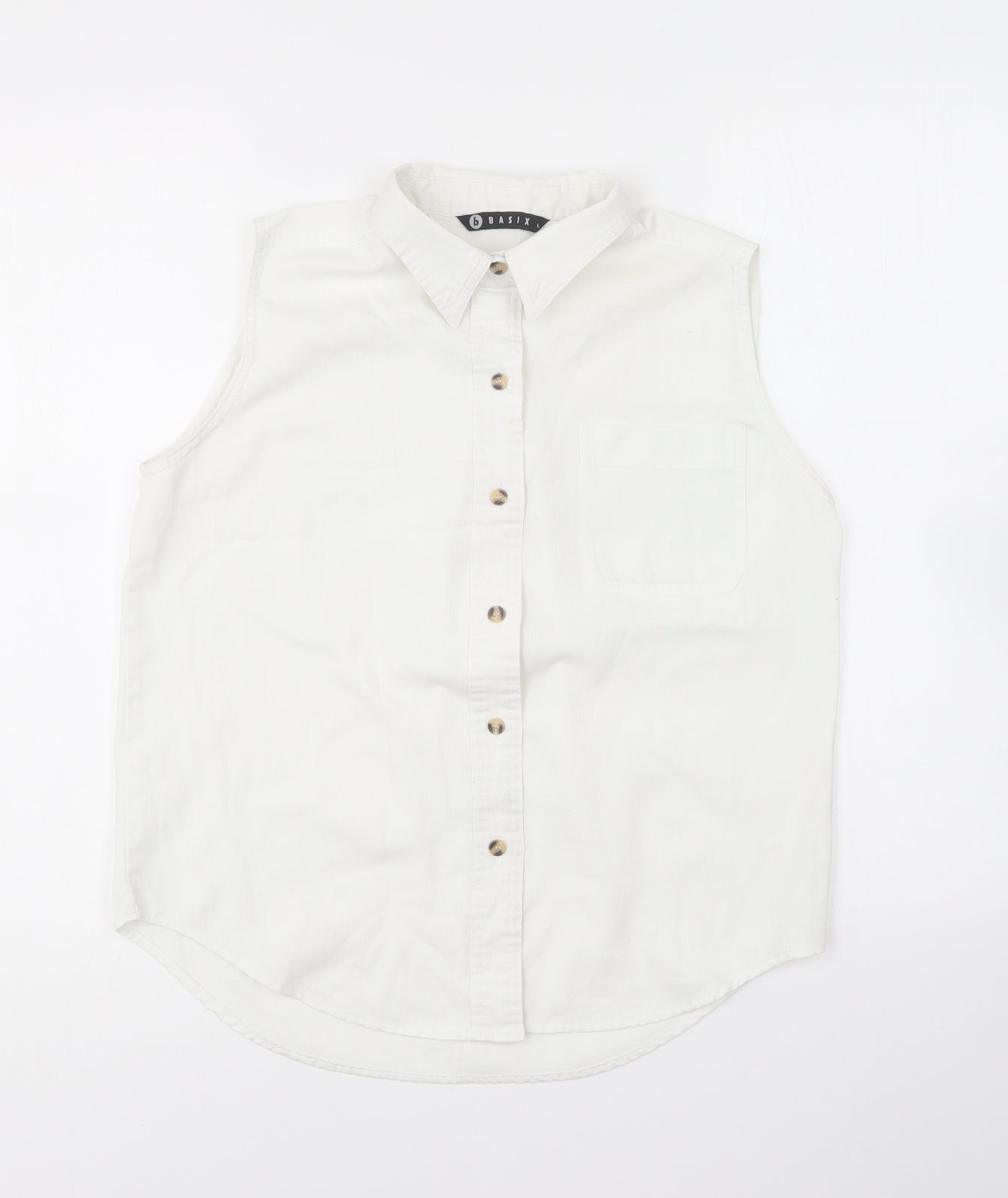 Basix Womens White Cotton Basic Button-Up Size L Collared