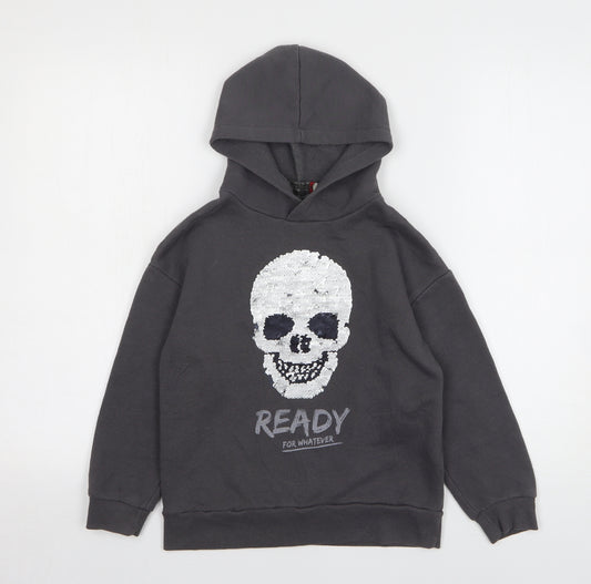 H&M Boys Grey Cotton Pullover Hoodie Size 8 Years Pullover - Skull