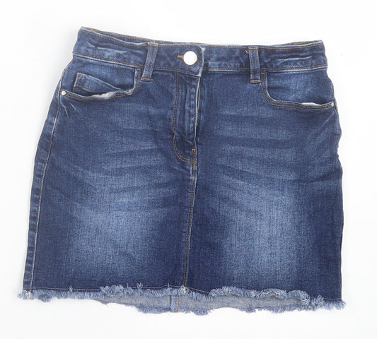 NEXT Girls Blue Cotton A-Line Skirt Size 11 Years Regular Button - Frayed Hem