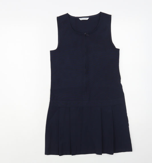 Marks and Spencer Girls Blue Polyester Pinafore/Dungaree Dress Size 9-10 Years Round Neck Zip - Schoolwear