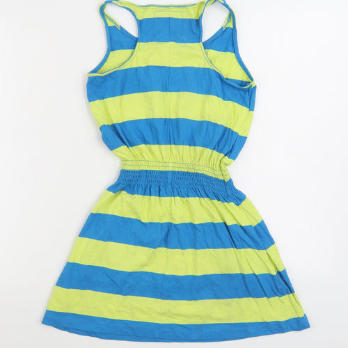 Young Dimension Girls Blue Striped 100% Cotton Skater Dress Size 10-11 Years Scoop Neck Pullover
