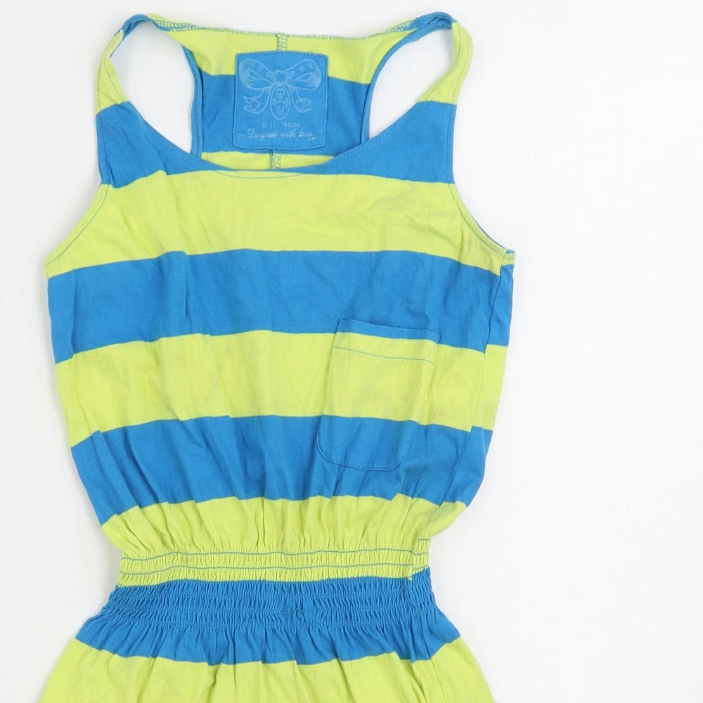Young Dimension Girls Blue Striped 100% Cotton Skater Dress Size 10-11 Years Scoop Neck Pullover