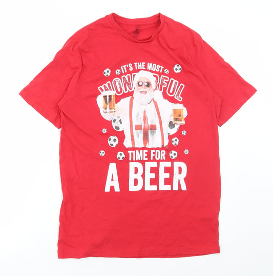 Preworn Mens Red Cotton T-Shirt Size M Round Neck - Most wonderful time for a beer Christmas