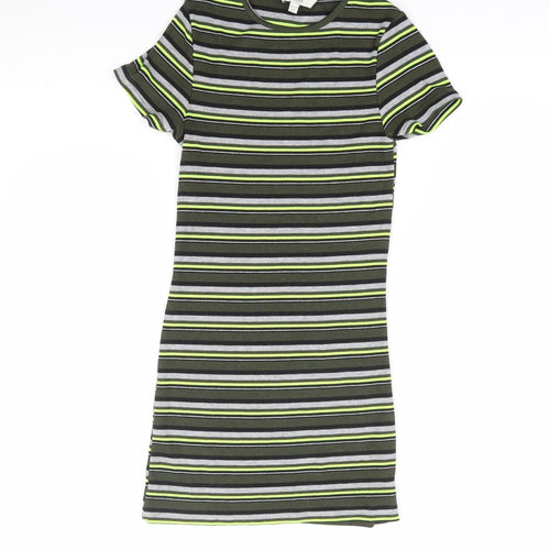 Miss E-Vie Girls Green Striped Polyester T-Shirt Dress Size 10-11 Years Crew Neck Pullover