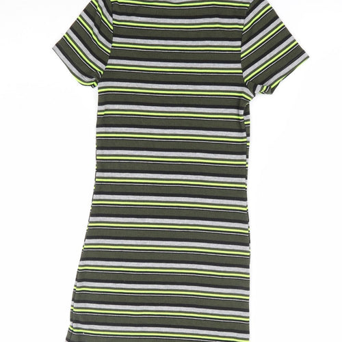 Miss E-Vie Girls Green Striped Polyester T-Shirt Dress Size 10-11 Years Crew Neck Pullover