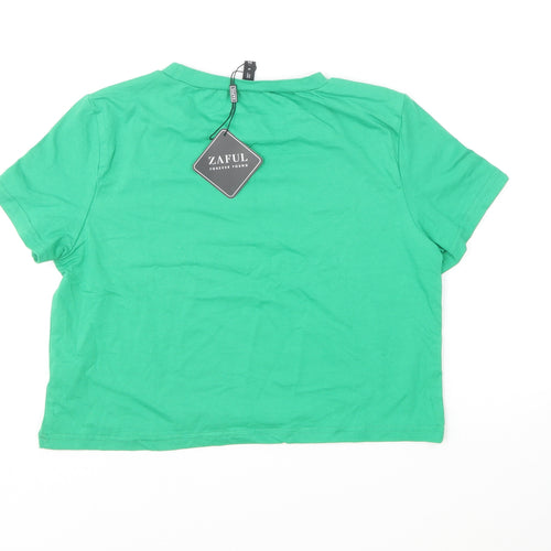 Zaful Womens Green Cotton Cropped T-Shirt Size S Round Neck