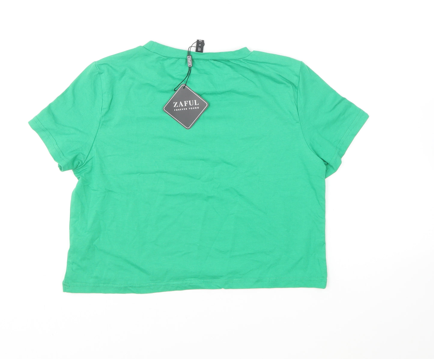 Zaful Womens Green Cotton Cropped T-Shirt Size S Round Neck