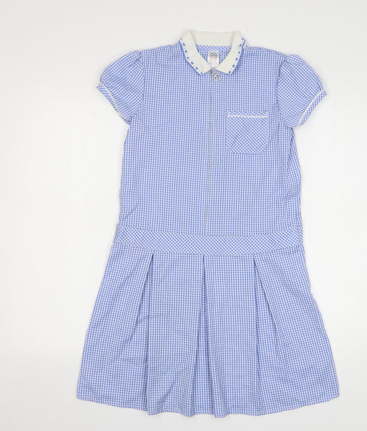 F&F Girls Blue Gingham Polyester A-Line Size 10-11 Years Collared Zip
