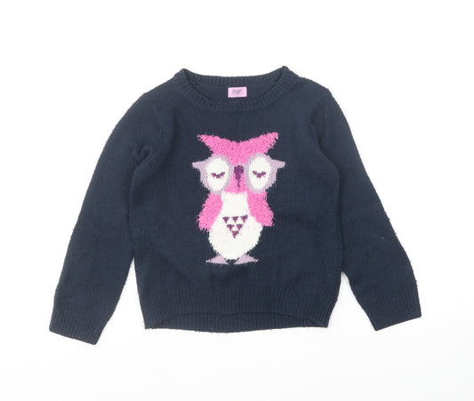 F&F Girls Blue Round Neck Acrylic Pullover Jumper Size 5-6 Years Pullover - Owl
