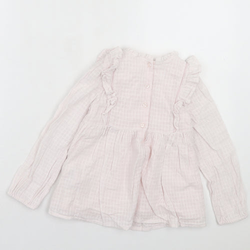 Marks and Spencer Girls Pink Plaid Cotton A-Line Size 6-7 Years Crew Neck Button - Frill Detail