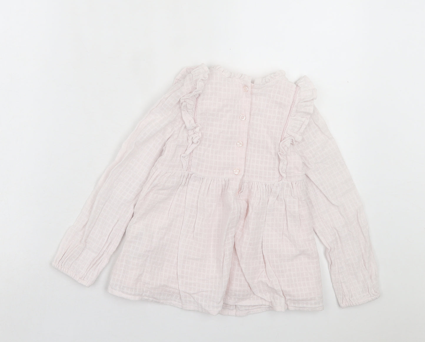 Marks and Spencer Girls Pink Plaid Cotton A-Line Size 6-7 Years Crew Neck Button - Frill Detail