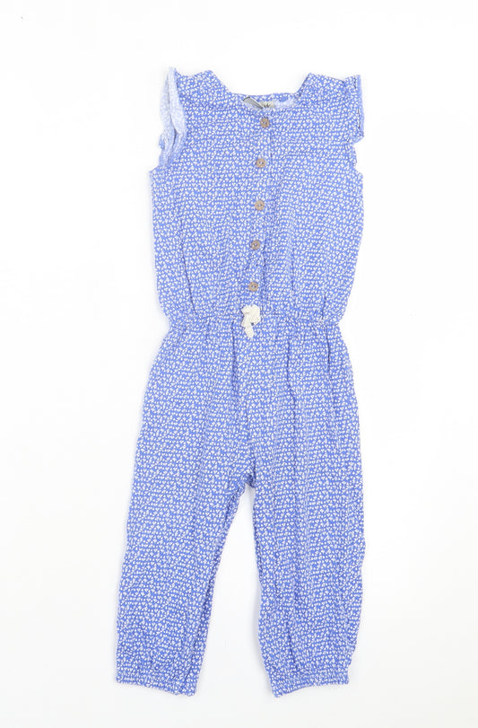 NEXT Girls Blue Floral Cotton Jumpsuit One-Piece Size 2 Years Button - Frill Sleeve