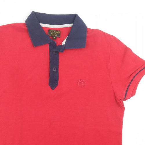 William Hunt Mens Red Cotton Polo Size M Collared Button - Blue Collar