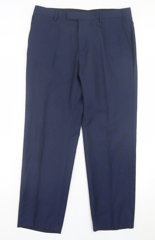 Marks and Spencer Mens Blue Polyester Trousers Size 32 in L28 in Regular Hook & Eye - Short Leg