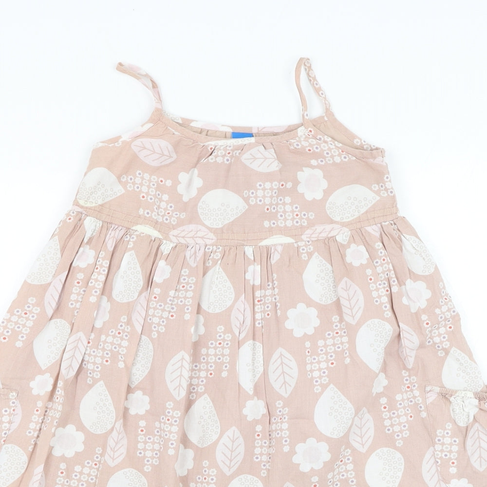 Adams Girls Beige Floral Cotton Skater Dress Size 6 Years Square Neck Pullover