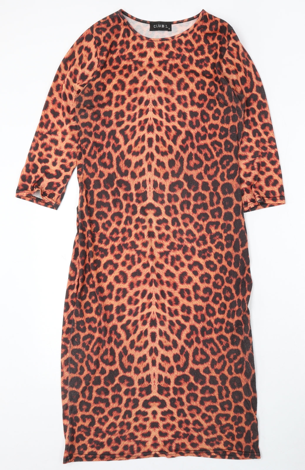 Club L Womens Brown Animal Print Polyester Sheath Size 12 Round Neck - Leopard Print