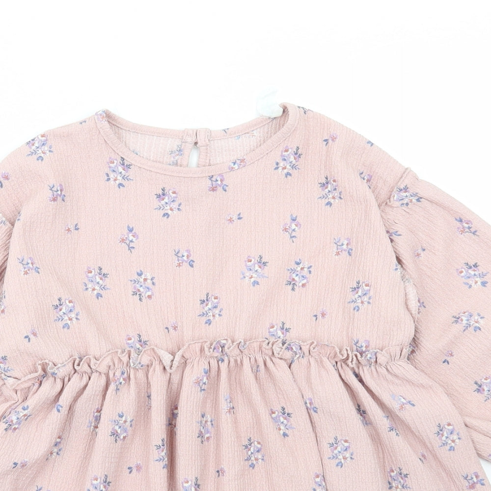 Primark Girls Pink Floral Polyester A-Line Size 4-5 Years Round Neck Button