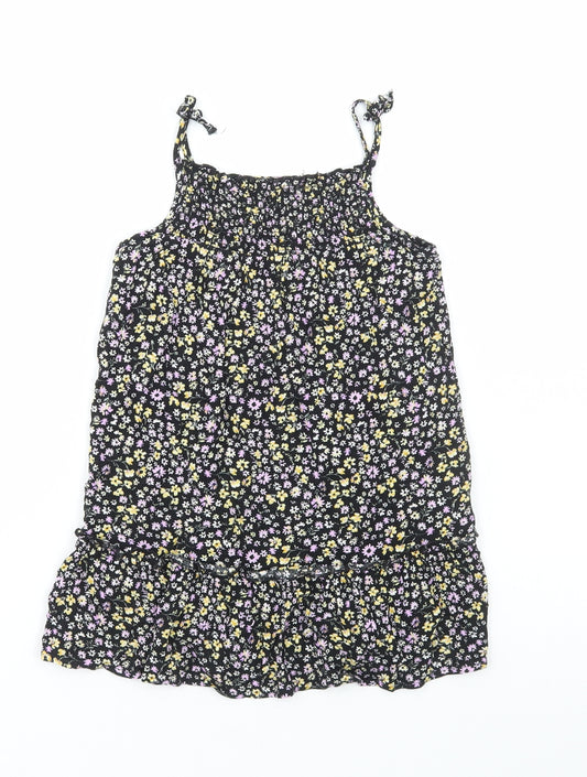 Primark Girls Black Floral Viscose A-Line Size 3-4 Years Square Neck Pullover