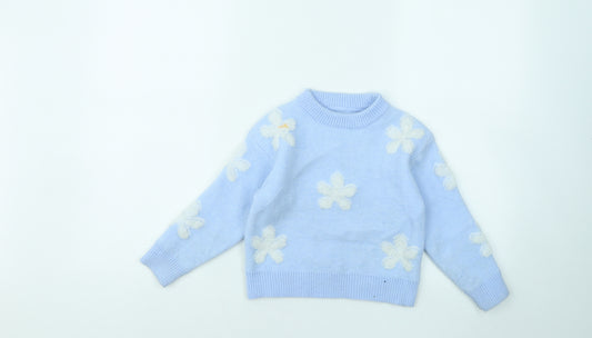 SheIn Girls Blue Round Neck Geometric Acrylic Pullover Jumper Size 6 Years - Flowers