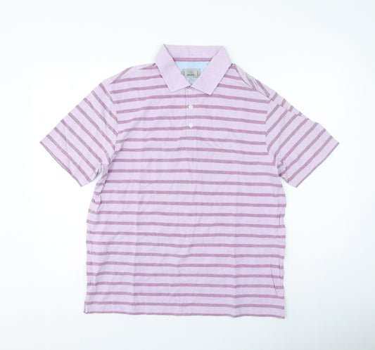 Marks and Spencer Mens Purple Striped Cotton Polo Size L Collared Buckle