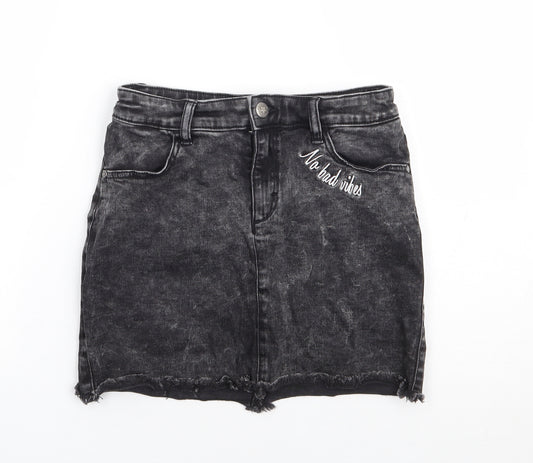 H&M Girls Black Cotton Mini Skirt Size 11 Years Regular Zip - No Bad Vibes